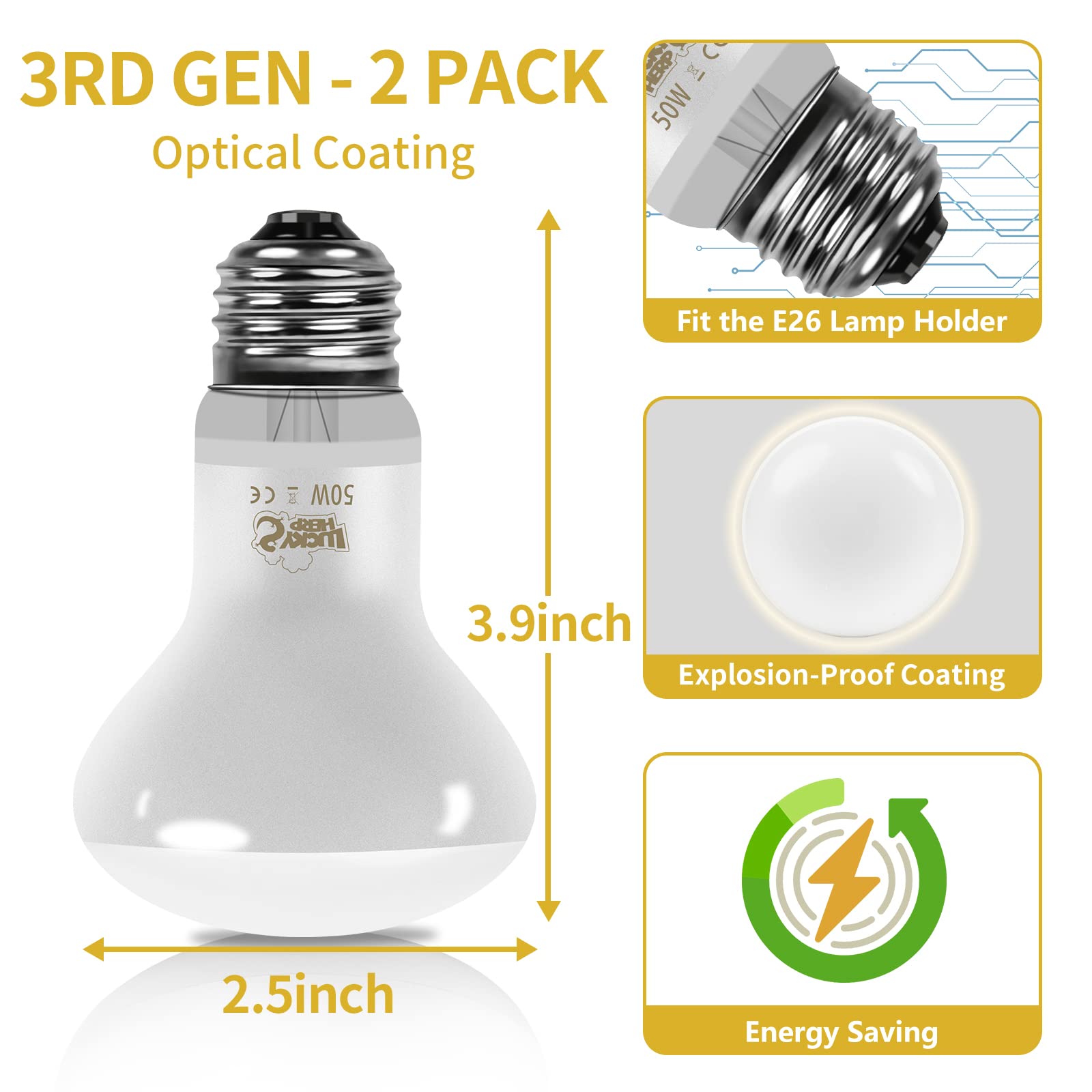 LUCKY HERP New Upgrade 50W Reptile Heat Lamp Bulb (3rd Gen, Safer), Amphibian Basking Spot Light Bulb, UVA Reptile Daylight Bulb